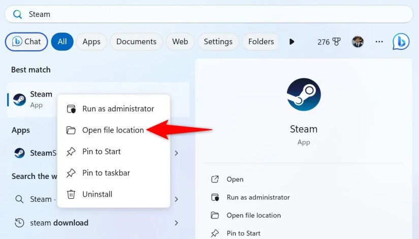 &lsquo;Open File Location&rsquo; highlighted for an app in Windows Search.