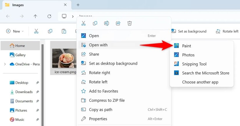Open With &gt; Paint highlighted in an image&rsquo;s context menu.