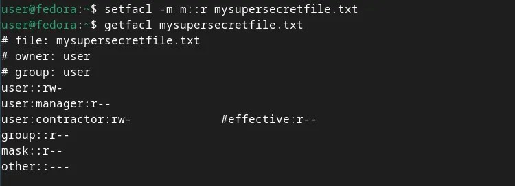 A terminal window showing the setfacl command, modifying the mask, and the getfacl command showing effective permissions.