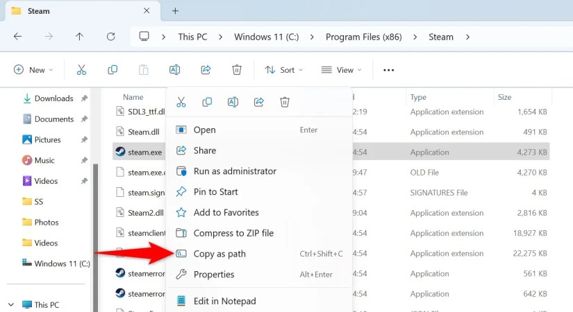 &lsquo;Copy as Path&rsquo; highlighted for an app in File Explorer.