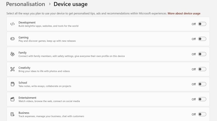 Disabling all device usage permissions in the Windows Settings app.