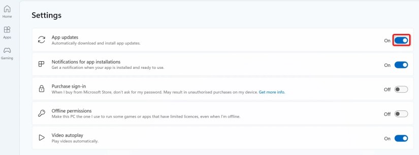 &lsquo;App Updates&rsquo; highlighted in Microsoft Store Settings.