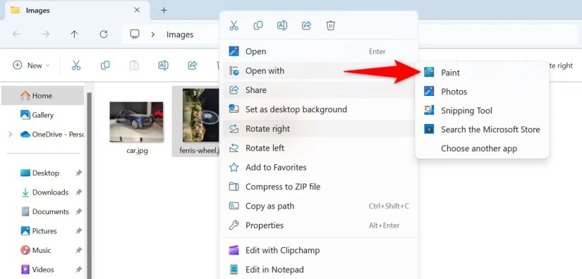 Open With &gt; Paint highlighted in a picture&rsquo;s context menu.