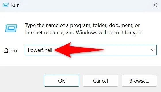 ‘PowerShell’ typed in Run.