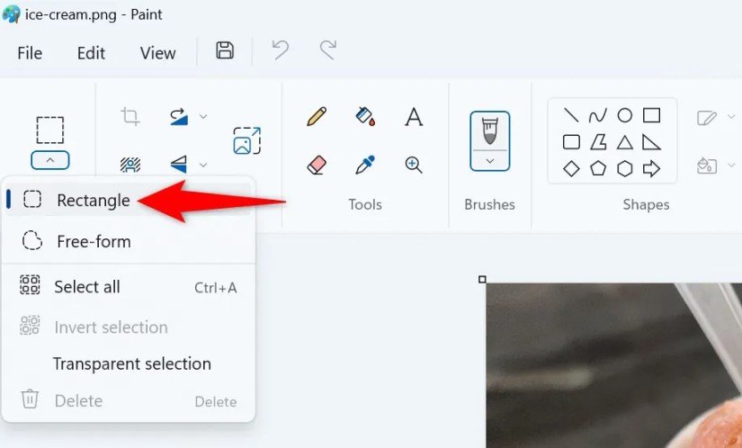 The &lsquo;Rectangle&rsquo; selection tool highlighted in Paint.