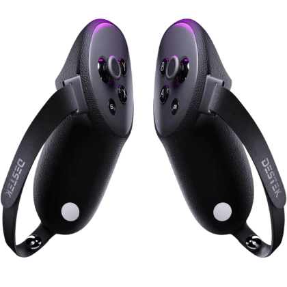Two meta Quest 3 controllers with grip covers.