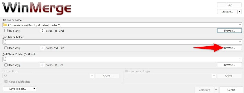 &lsquo;Browse&rsquo; highlighted for the &lsquo;2nd File or Folder&rsquo; field in WinMerge.