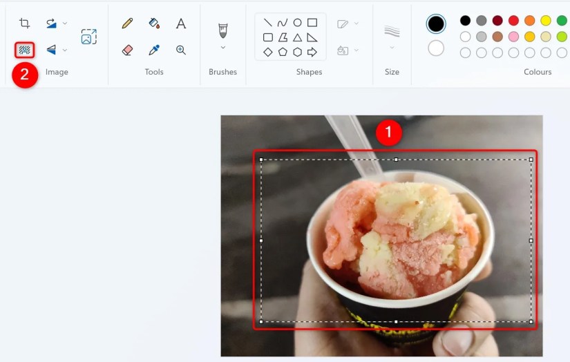 An image area selection and &lsquo;Remove Background&rsquo; highlighted in Paint.