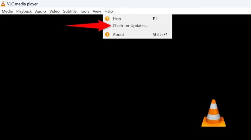 Help &gt; Check for Updates highlighted in VLC Media Player.