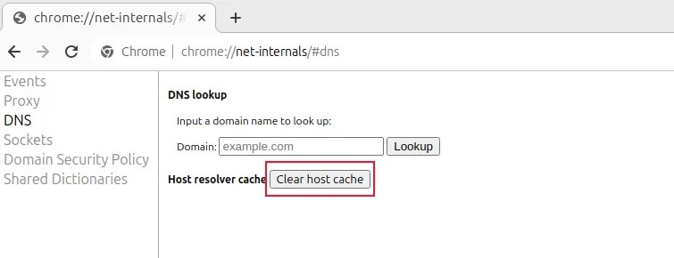 The Firefox DNS page with no entries, showing the cache has been purged