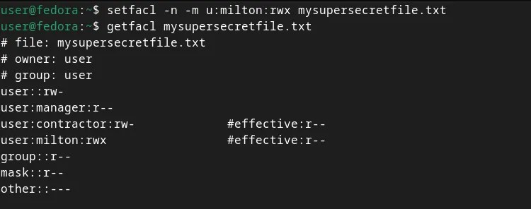 A terminal window showing the setfacl command, adding rwx permissions for the milton user, and getfacl command showing effective permissions of r, due to the use of the -n parameter.