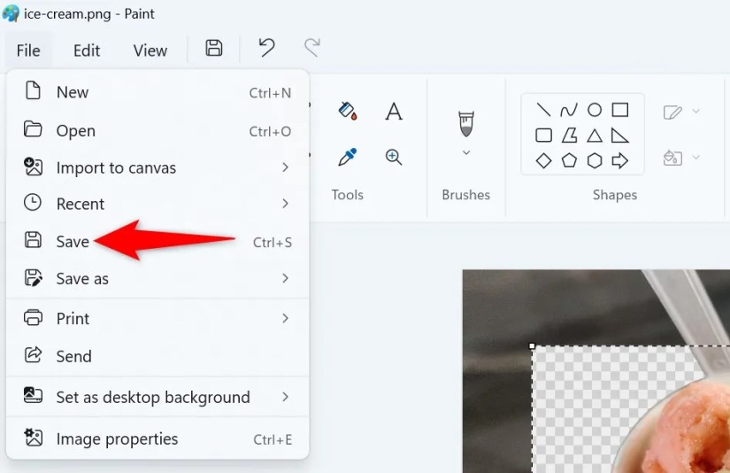 File &gt; Save highlighted in Paint.