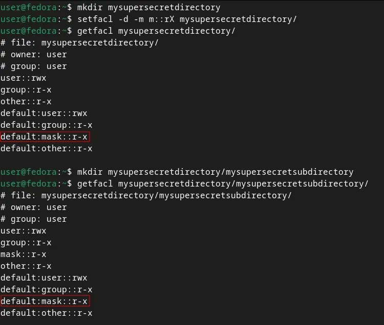 A terminal window showing the mkdir, setfacl and getfacl commands to reflect a default mask assignment