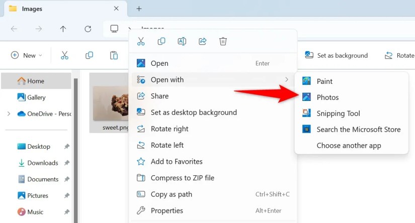 Open With &gt; Photos highlighted in image&rsquo;s context menu.