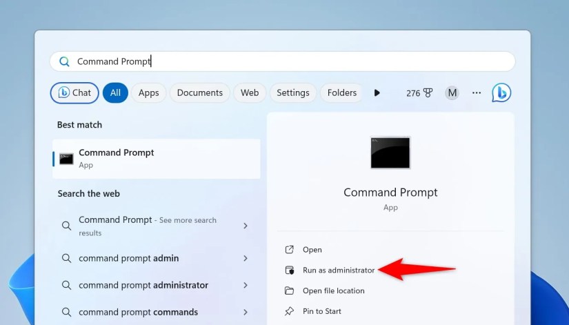 &lsquo;Run as Administrator&rsquo; highlighted for Command Prompt in Windows Search.