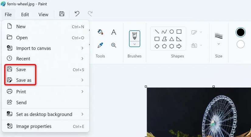 &lsquo;Save&rsquo; and &lsquo;Save As&rsquo; highlighted in Paint&rsquo;s &lsquo;File&rsquo; menu.