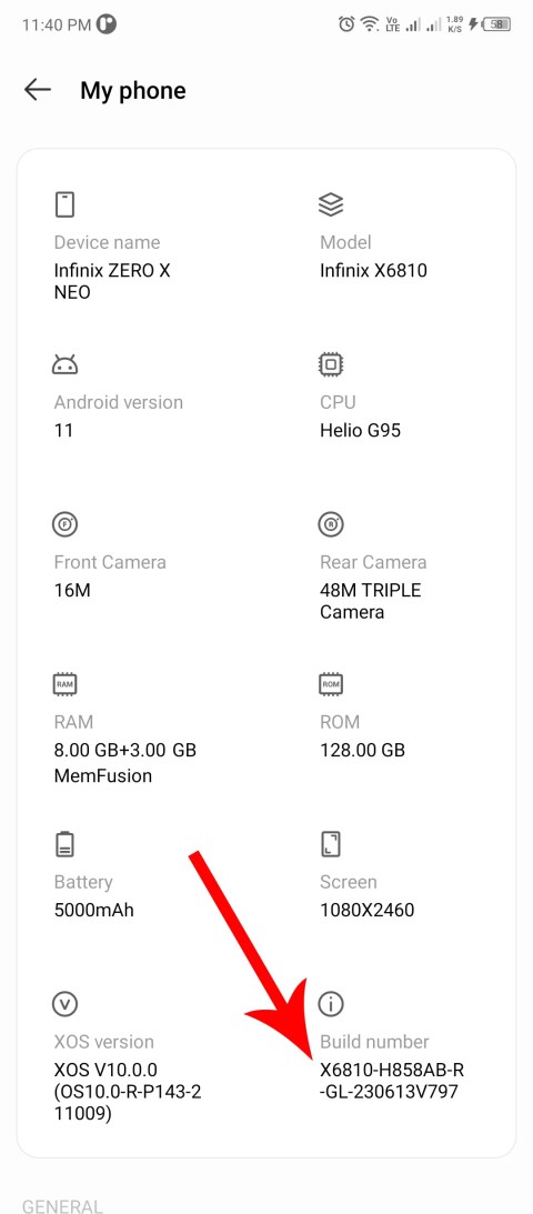 Red arrow pointing at the Build Number in the settings menu.