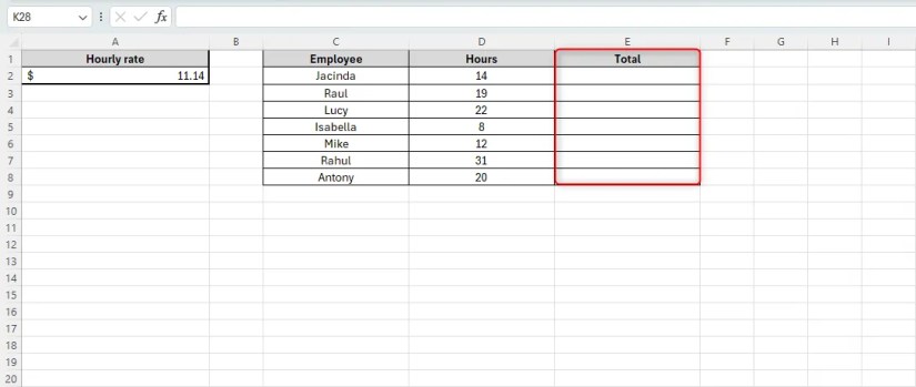 Microsoft Excel sheet showing data relating to several employees and a blank &lsquo;Total&rsquo; table where their total pay will be added together using absolute references.