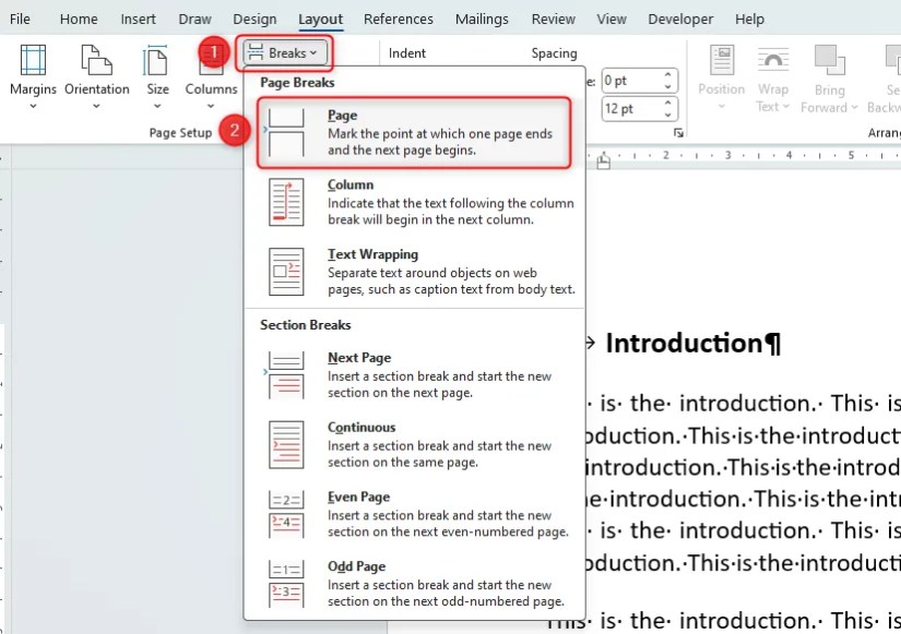 Word document showing how to add a page break in the &lsquo;Page Setup&quot; group of the &lsquo;Layout&rsquo; ribbon.