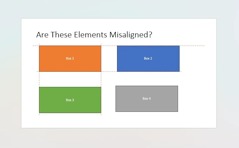 PPT slide with Smart Guides activated and Box 1 being realigned to Boxes 2 and 3 using this feature.