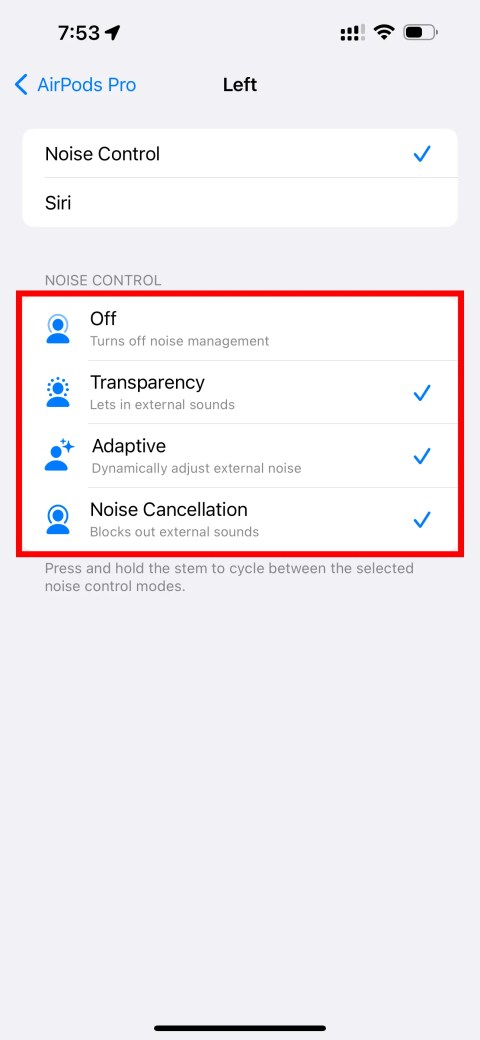 iPhone&rsquo;s Setting app showcasing noise control options for the right AirPod.