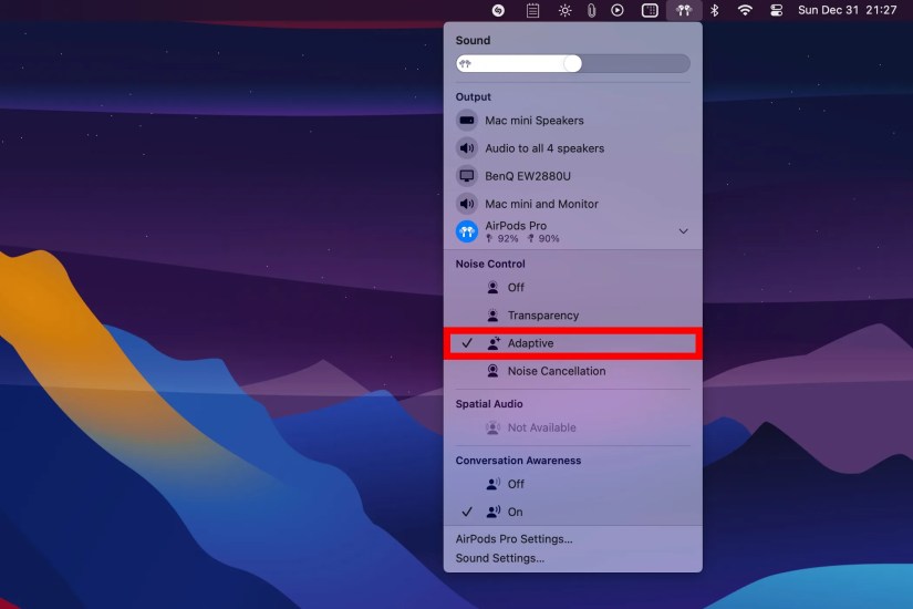 macO Sonoma&rsquo;s volume menu bar item with the Adaptive option in the Noise Control section annotated