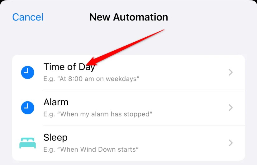 The &lsquo;New Automation&rsquo; creation page with &lsquo;Time of Day&rsquo; highlighted.