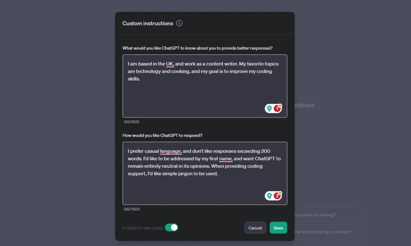 ChatGPT custom instructions setup window on desktop.