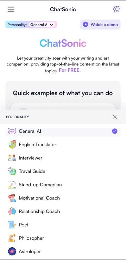 ChatSonic&rsquo;s personality options.