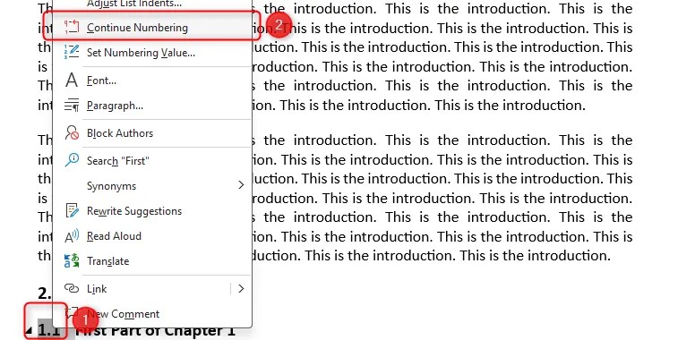 Word document showing the menu that appears when you right-click the level 2 numbering, and highlighting where &lsquo;Continue Numbering&rsquo; is located.