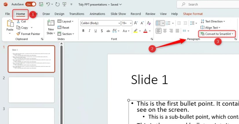 PPT screenshot showing how to convert text to SmartArt in the &lsquo;Paragraph&rsquo; group of the &lsquo;Home&rsquo; tab in the ribbon.