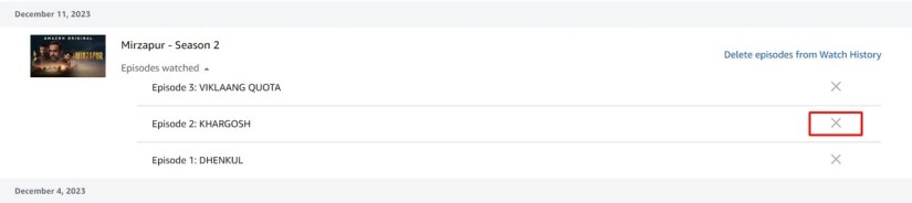 Cross icon to delete an episode.