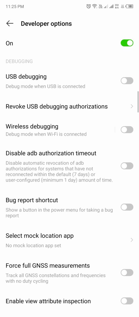 Developer options toggle enabled in the settings.
