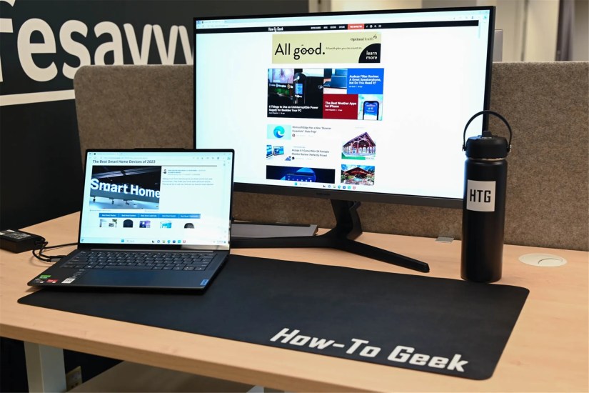 A laptop with a secondary external monitor.