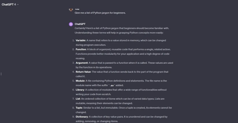 ChatGPT prompt response on desktop.