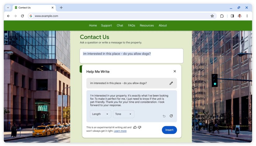 Screenshot of the Help Me Write feature in Chrome writing a short paragraph based on a prompt.