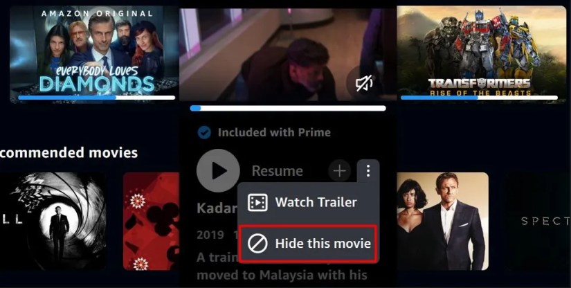 Hide This movie option in Prime Desktop app.