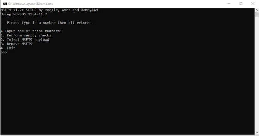 The second stage of the MSET9 prompt after opening the file from the 3DS' root directory.