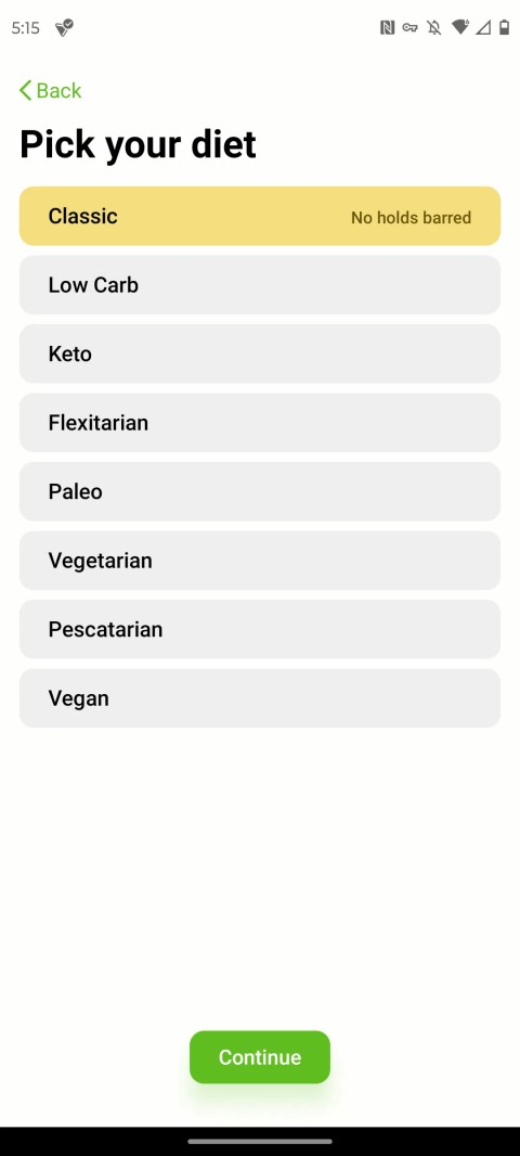 The Mealime app prompting you to pick a diet