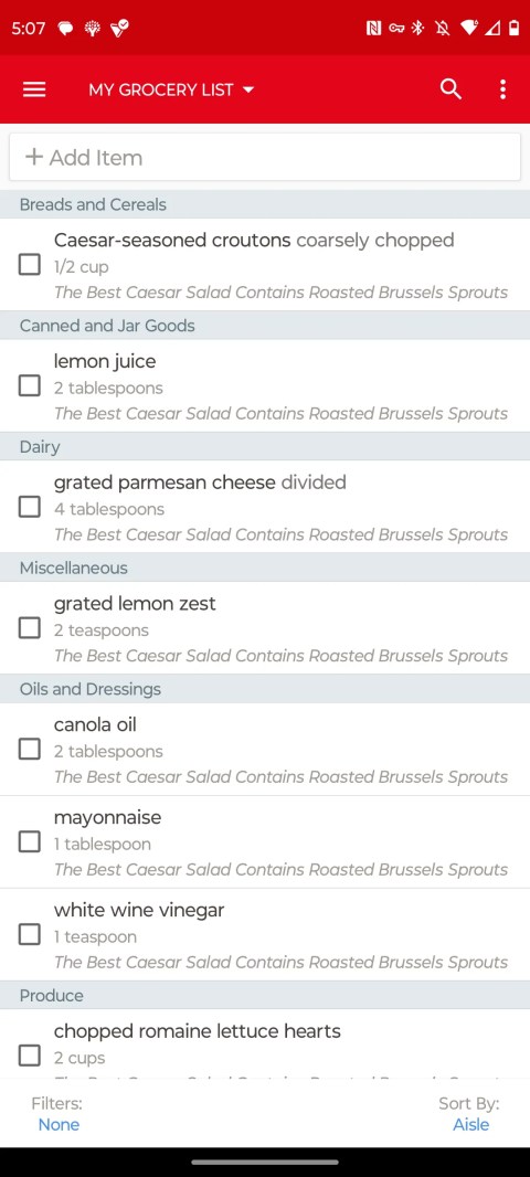A grocery list in the Paprika Android app