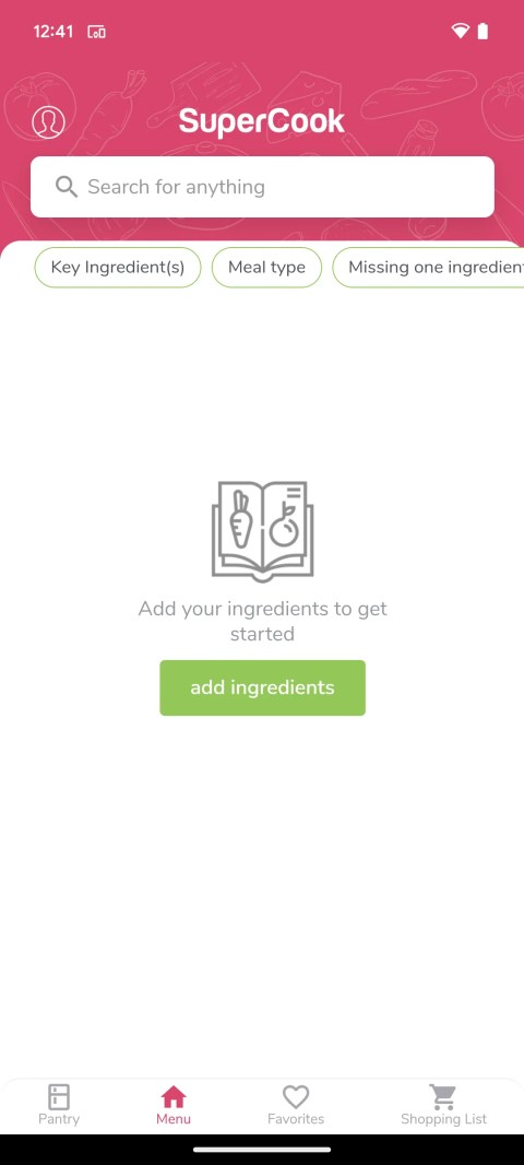 SuperCook Android app asking you to add ingredients to your pantry