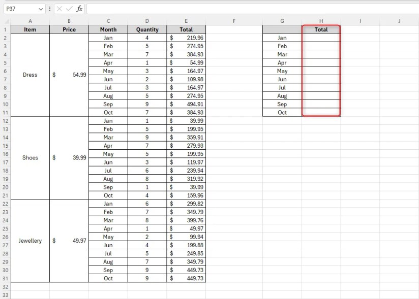 Microsoft Excel sheet showing data relating to three items and a blank &lsquo;Total&rsquo; table where the totals will be added together using relative references.