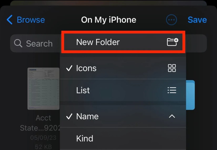 Creating a new folder in Files app to move Photos images.