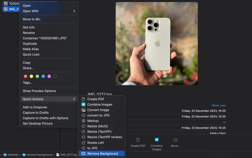 Using the Remove Background Quick Action to remove an image&rsquo;s background in Finder.