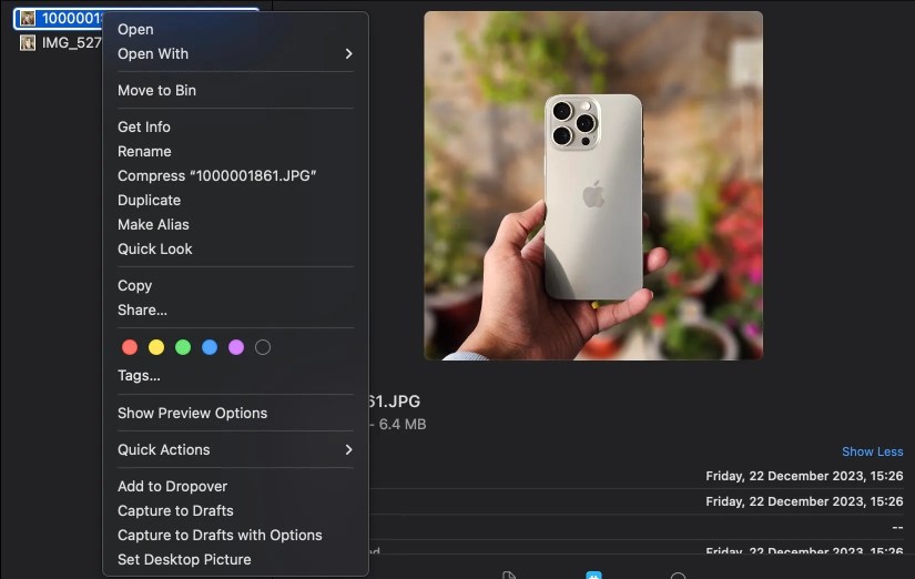 Accessing context menu on an image.