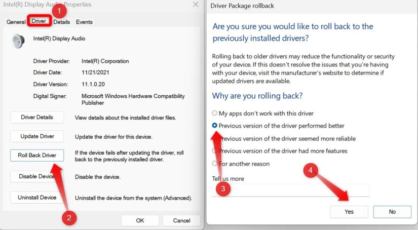 Rolling back the audio driver update from Device Manager on Windows.
