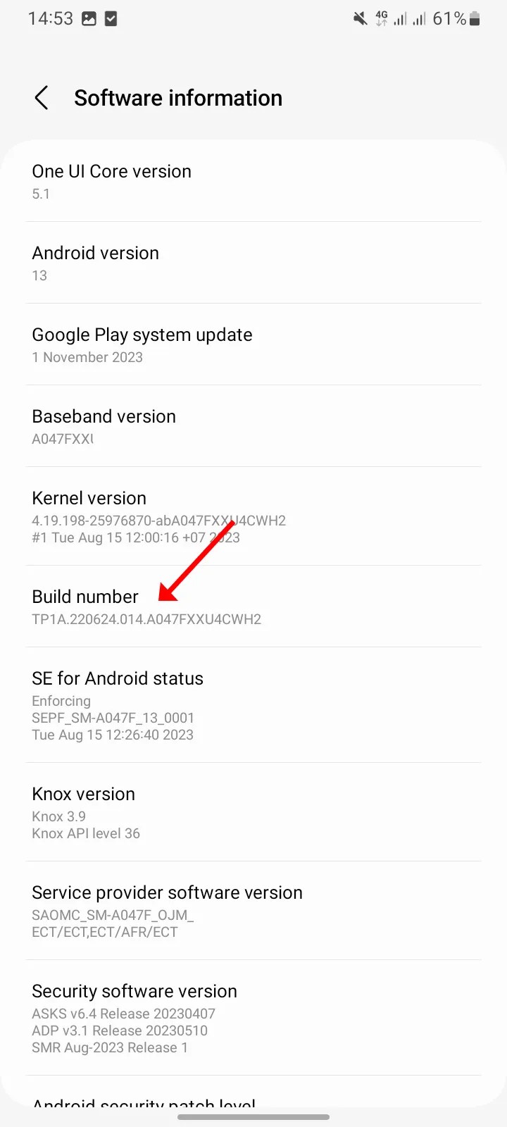 Software information page showing Android build number.