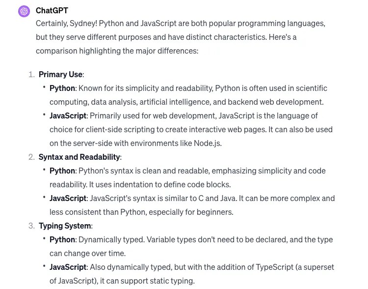 An excerpt from an answer given by ChatGPT to a Polite question about JavaScript And Python