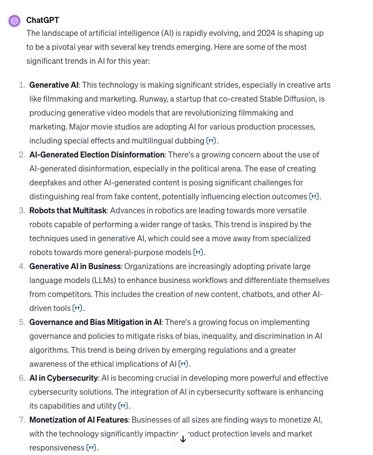An excerpt from a response by ChatGPT to a polite question about AI trends