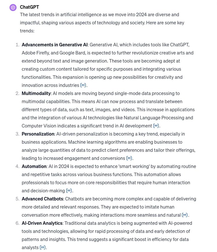 An excerpt from a response by ChatGPT to a neutral question about AI trends